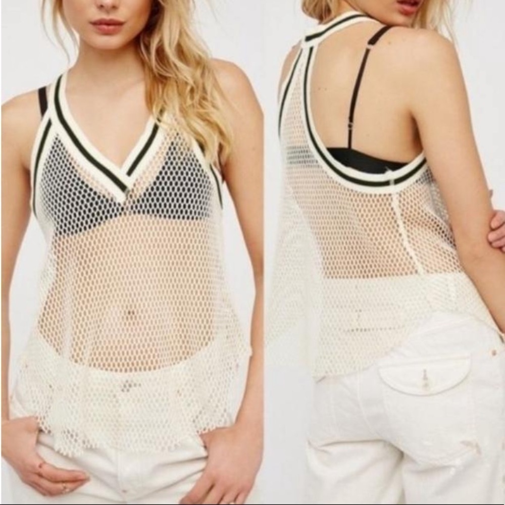 Free People White Mesh V-Neck Tank with Black Trim